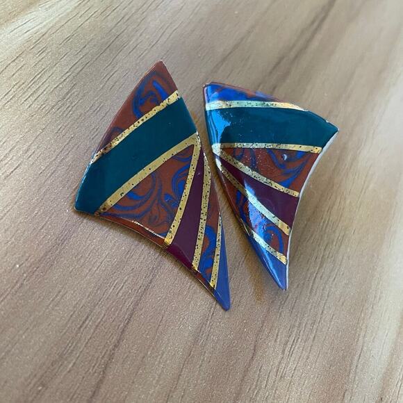 Vintage 80s earrings enamel gold green purple red triangle - Picture 4 of 6